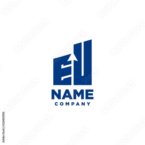 EU monogram logo with a negative space style arrow up design template