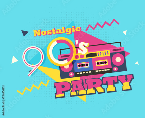 Party time The 90s style label. Vector illustration retro background