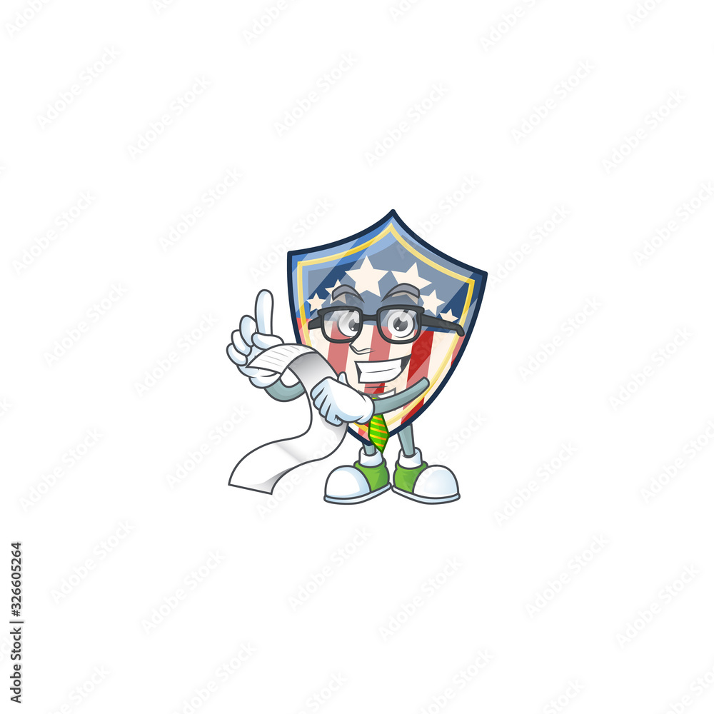 Fototapeta premium A funny face character of vintage shield badges USA holding a menu