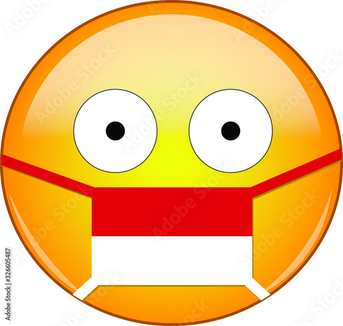 Yellow scared emoji in Indonesian medical mask protecting from SARS, coronavirus, bird flu and other viruses, germs and bacteria and contagious disease as well as toxic smog in Indonesia.