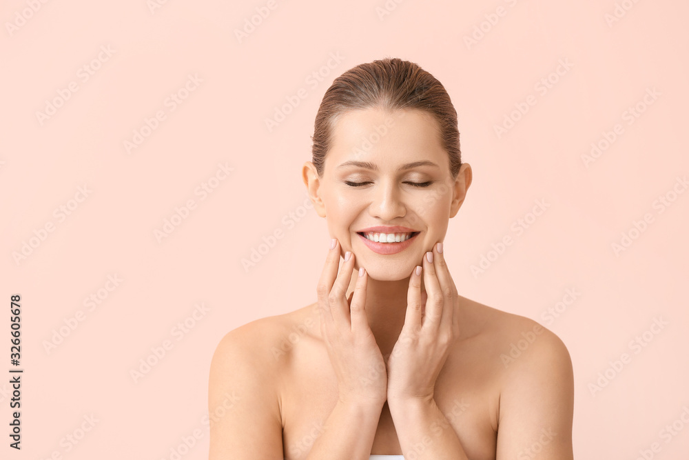 Beautiful young woman on color background. Concept of plastic surgery Beautiful young woman on color background. Concept of plastic surgery