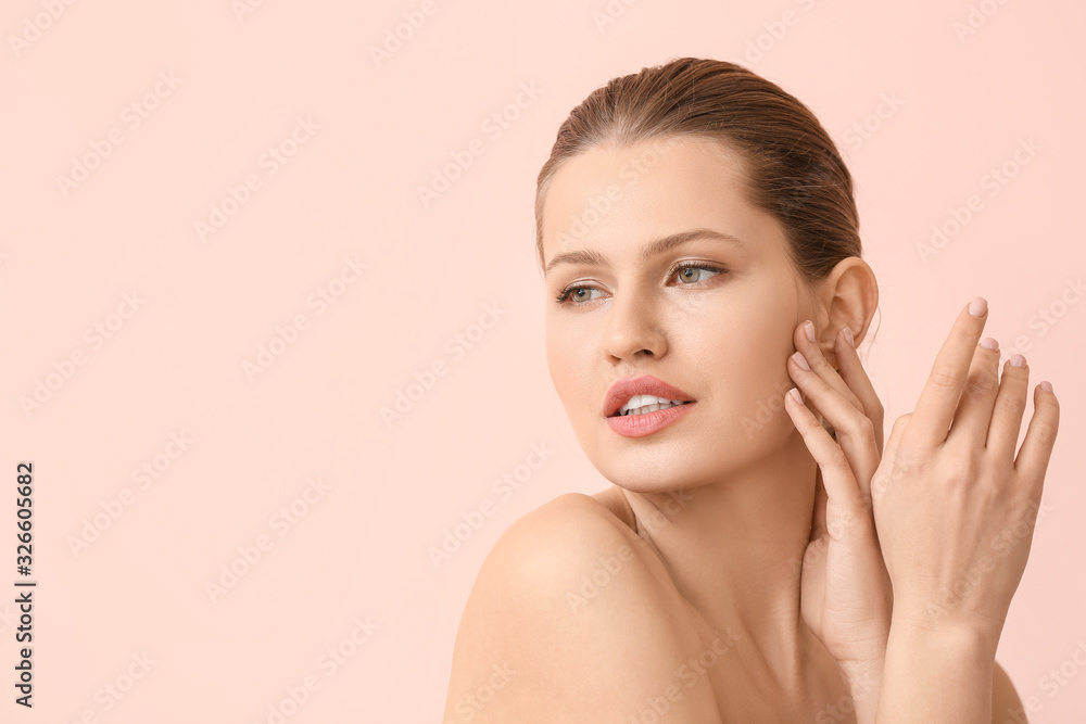 Beautiful young woman on color background. Concept of plastic surgery Beautiful young woman on color background. Concept of plastic surgery