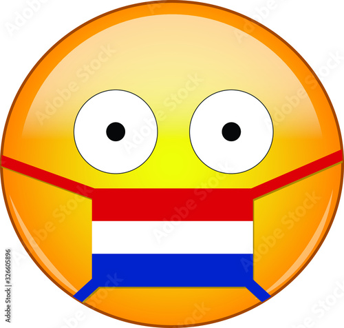 Yellow scared emoji in Dutch medical mask protecting from SARS, coronavirus, bird flu and other viruses, germs and bacteria and contagious disease as well as toxic smog in Netherlands.