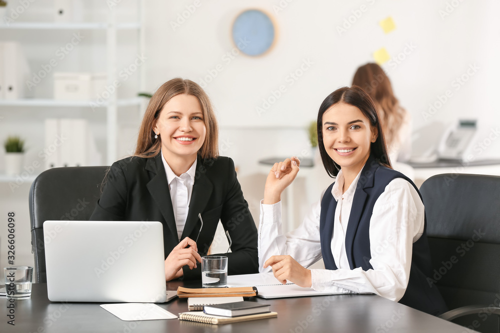 Beautiful young businesswomen working together in office Beautiful young businesswomen working together in office