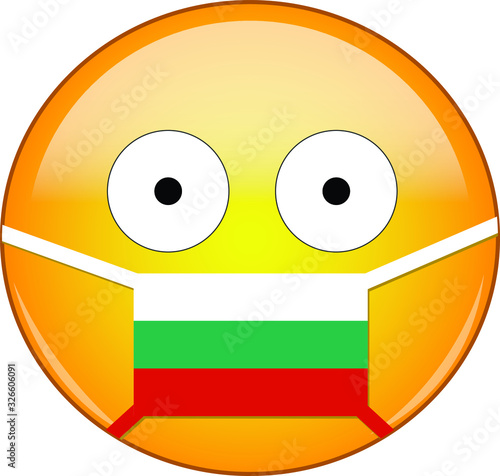 Yellow scared emoji in Bulgarian medical mask protecting from SARS, coronavirus, bird flu and other viruses, germs and bacteria and contagious disease as well as toxic smog in Bulgaria.