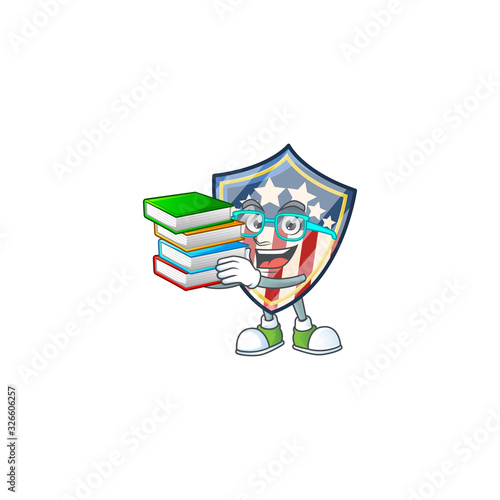 A brainy clever cartoon character of vintage shield badges USA studying with some books