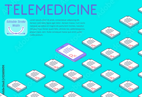 Medicine and telemedicine 3d isometric pattern. A lot of paper Rx prescriptions, one on a phone screen. Vector horizontal design illustration with variable strokes width. Concept for poster and banner