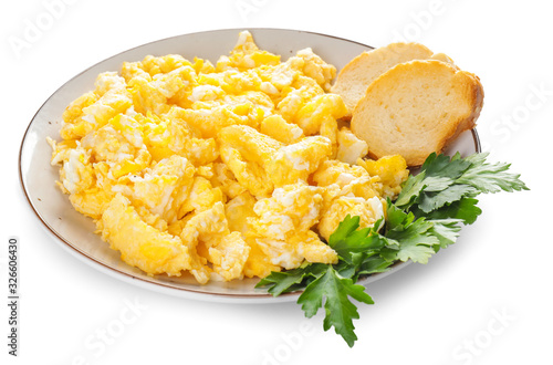 Bild auf Leinwand Plate with scrambled egg and bread on white background
