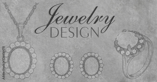 Jewelry design. Pencil drawing of a necklace and a ring with precious stones on a grey background. Background with hand painted diamond ring. Texture background for creativity and advertising