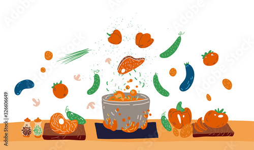 Making soup vector concept. Pot with bulbing delicious food on a fire and all ingredients around it - vegetables, meat, seasonings and Flavoring. Professional and Home cooking concept