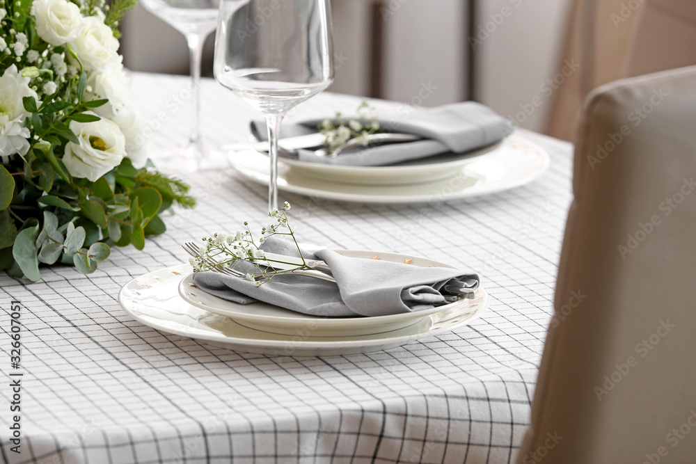 Fototapeta premium Beautiful table setting for wedding celebration in restaurant