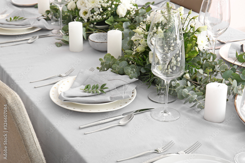 Fototapeta premium Beautiful table setting for wedding celebration in restaurant