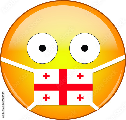Yellow scared emoji in Georgian medical mask protecting from SARS, coronavirus, bird flu and other viruses, germs and bacteria and contagious disease as well as toxic smog and air pollution in Georgia