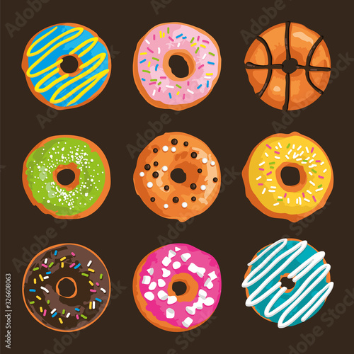 Vector set with bright glazed sweet donuts