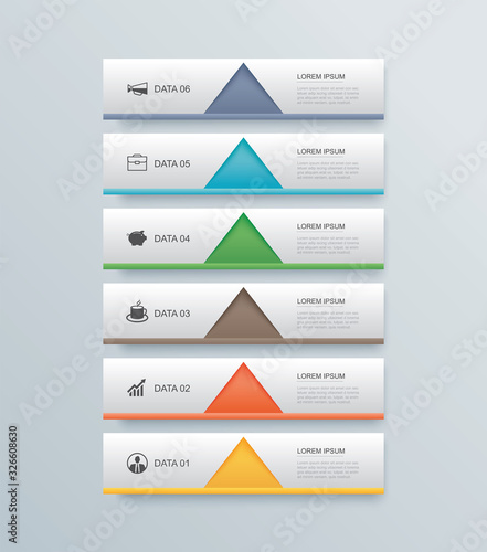 6 data step timeline infographics tab paper index template. Vector illustration abstract background. Can be used for workflow layout, banner, web design.