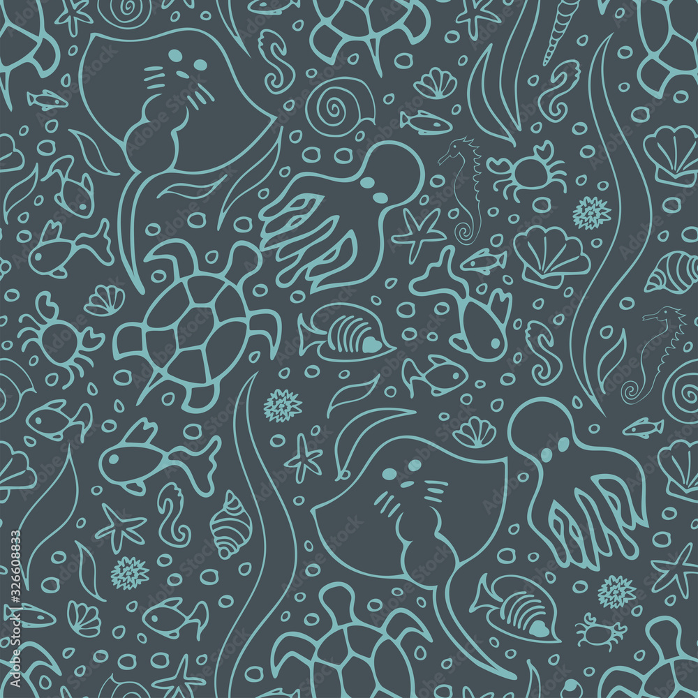 Naklejka premium Hand drawn pattern 'under the sea'. Underwater world. Doodle. Vector Illustration. EPS 10.