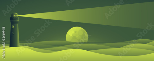 Lighthouse signal of light beam shining through the dark night over the tidy ocean waves under the moon light