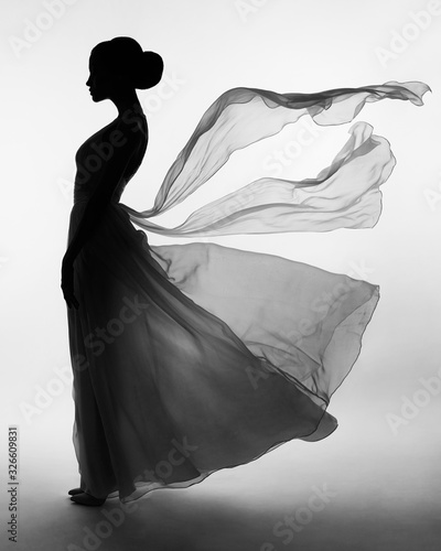 Silhouette elegant woman in blowing dress