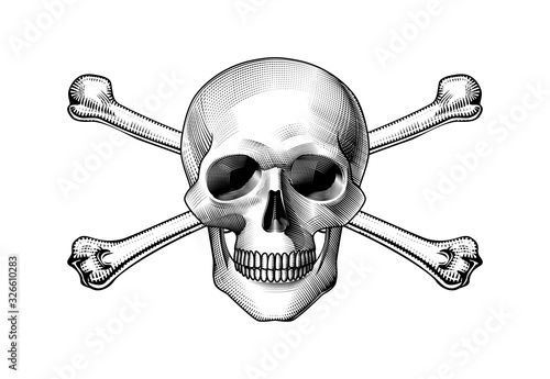 Engraved drawing of a human skull full face with crossed dagger with a decorative handle and bone.