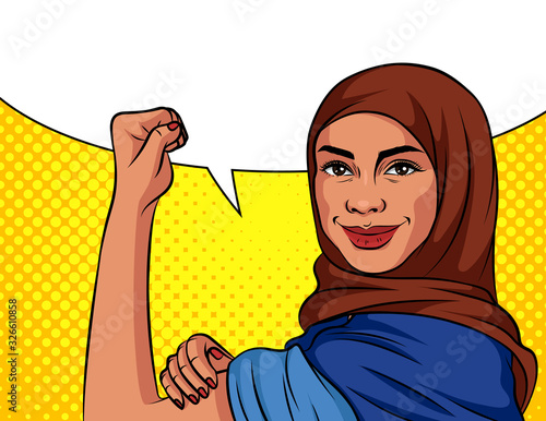 Colored vector illustration in pop art style. An Arabic woman in a headscarf is fighting for her rights. Poster on the topic of female labor, power and feminism. Muslim woman on dotted background