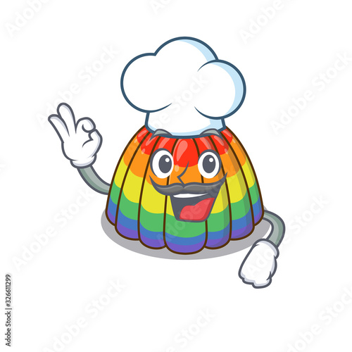 Rainbow jelly cartoon character working as a chef and wearing white hat