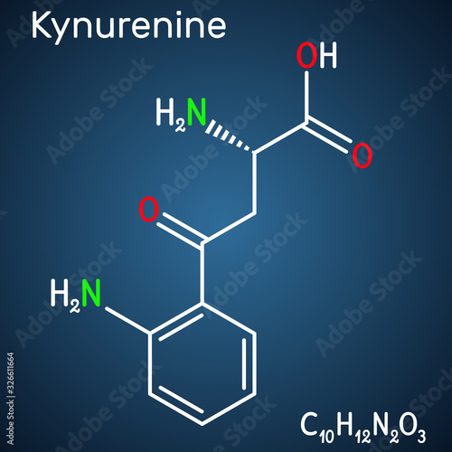 Kynurenine, l-Kynurenine, C10H12O3N2 molecule. It is a metabolite of the amino acid L-tryptophan used in the production of niacin. Structural chemical formula on the dark blue background photo