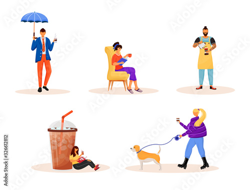 Coffee culture flat color vector faceless characters set. Caucasian people resting on weekend. Drink takeout. Woman and man with drinks isolated cartoon illustrations on white background
