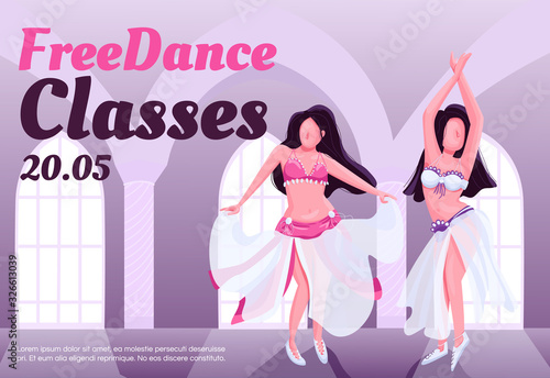 Bellydance free class banner flat vector template. Brochure, poster concept design with cartoon characters. Exotic dance studio lessons horizontal flyer, leaflet with place for text