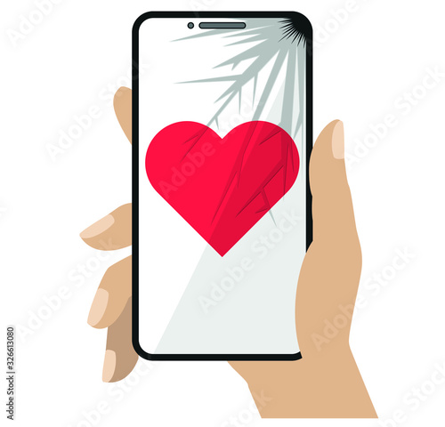 Cartoon hand keeps touchscreen phone with cracked display. the inability to live without a phone. love on the phone