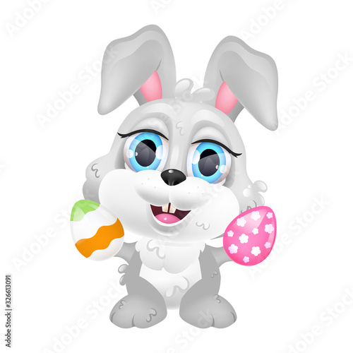 Cute Easter bunny with eggs kawaii cartoon vector character. Adorable and funny animal isolated sticker  patch. Eggs hunting symbol. Anime baby happy rabbit  smiling hare emoji on white background