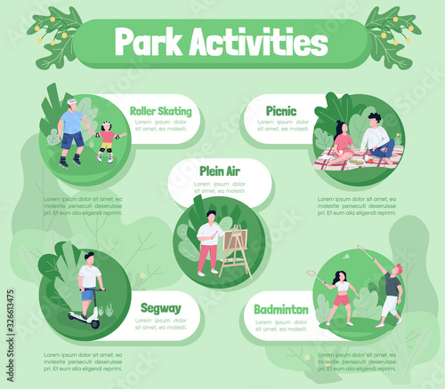 Park activities flat color vector informational infographic template. Outdoor relax poster, booklet, PPT page concept design with cartoon characters. Advertising flyer, leaflet, info banner idea