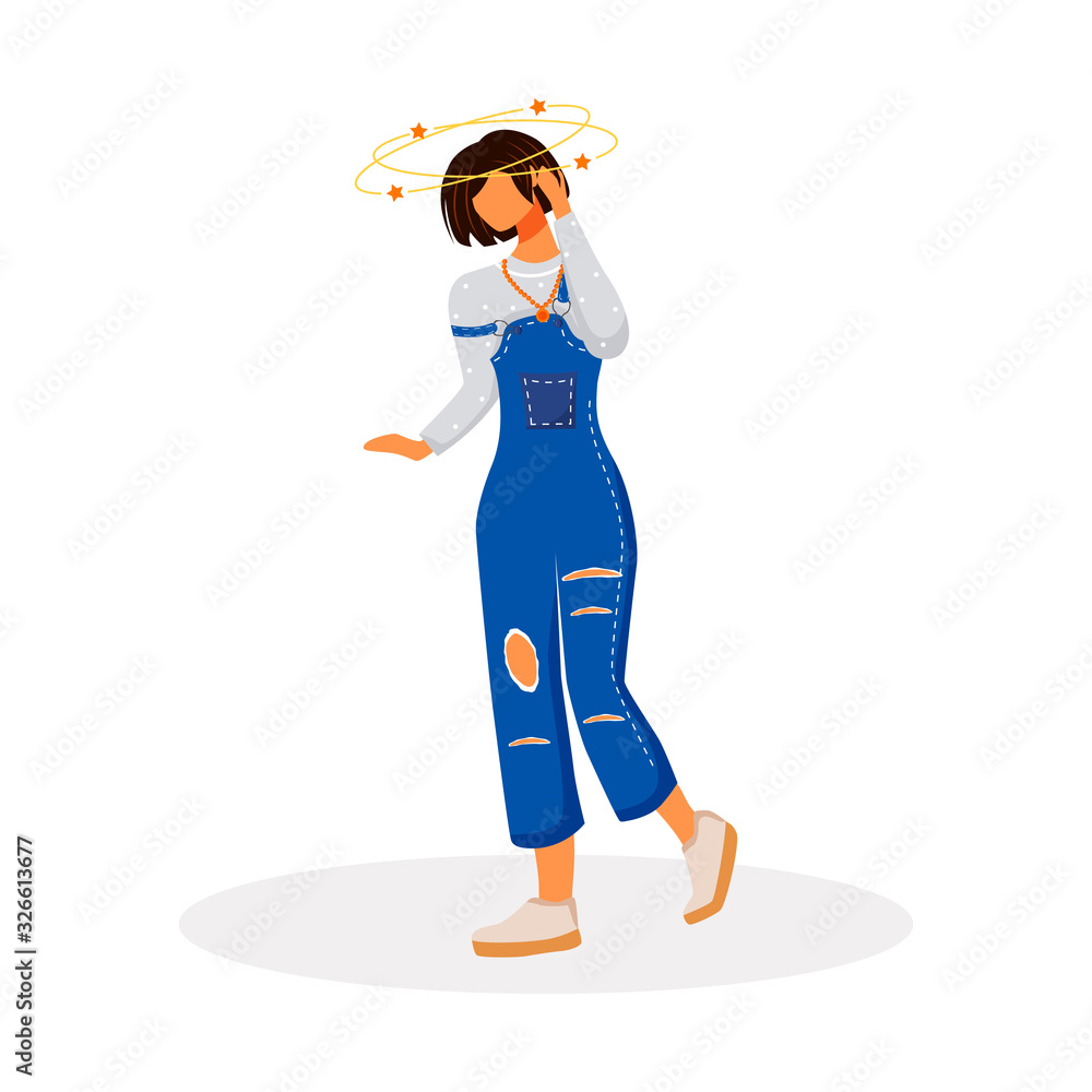 Dizziness flat color vector faceless character. Woman suffering