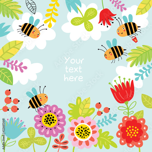 Floral background with cute bees.