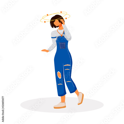 Dizziness flat color vector faceless character. Woman suffering vertigo. Female have her head spinning. Person feeling sick. Lightheadedness. Symptom of disease isolated cartoon illustration