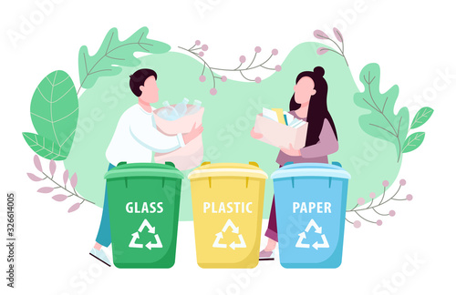 Waste management, eco friendly living 2D vector web banner, poster. Garbage separation. Man and woman sorting trash flat characters on cartoon background. printable patches, colorful web elements