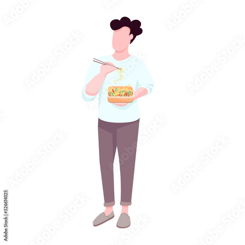 Man eating noodles flat color vector faceless character. Takeout lunch. Caucasian guy holding takeaway container with homemade food isolated cartoon illustration for web graphic design and animation