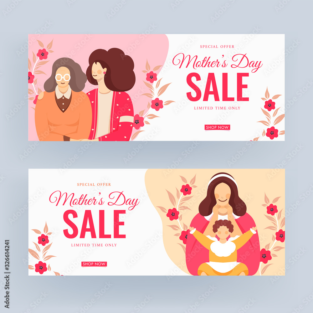 Mother's Day Sale Header or Banner Design with Mother and Daughter Character in Two Option. Mother's Day Sale Header or Banner Design with Mother and Daughter Character in Two Option.