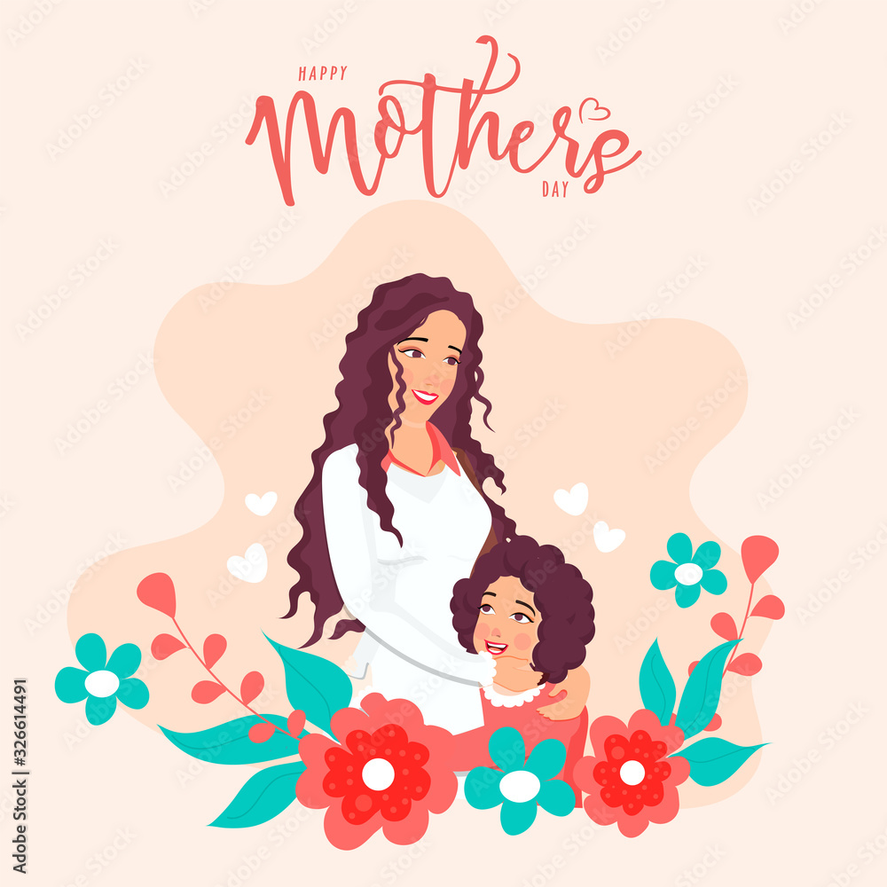 Young Woman Hugging Her Daughter and Flowers on Peach Background for Happy Mother's Day Celebration Concept. Young Woman Hugging Her Daughter and Flowers on Peach Background for Happy Mother's Day Celebration Concept.