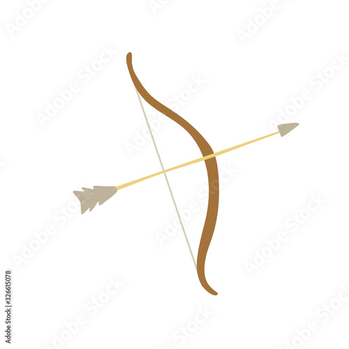 Vector hand drawn illustration of medieval bow and arrow isolated on white background. Flat design.
