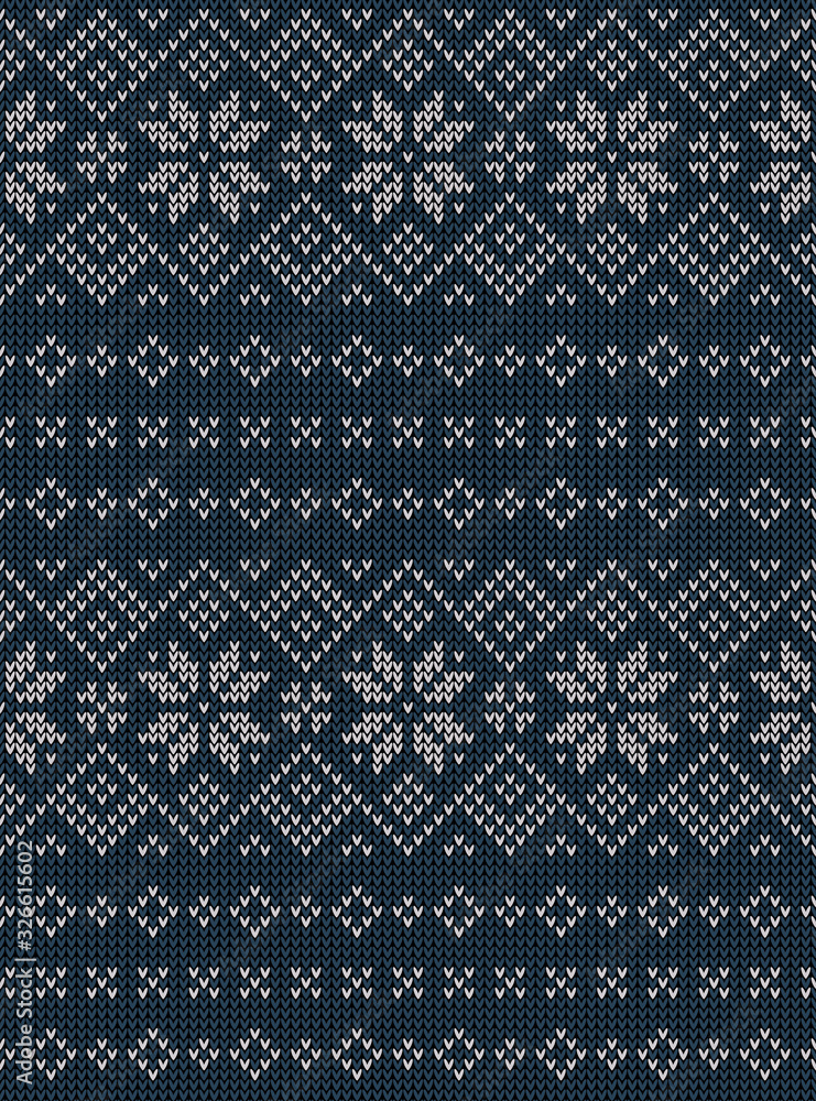 Christmas pattern. Knitted stripes seamless texture in blue and grey with nordic snowflakes for festive winter scarf, sweater, hat, mittens, socks, dress, or other modern textile design.