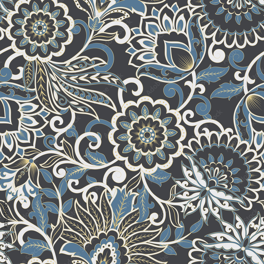 Floral seamless pattern with indian ornament. Vector illustration in asian textile style
