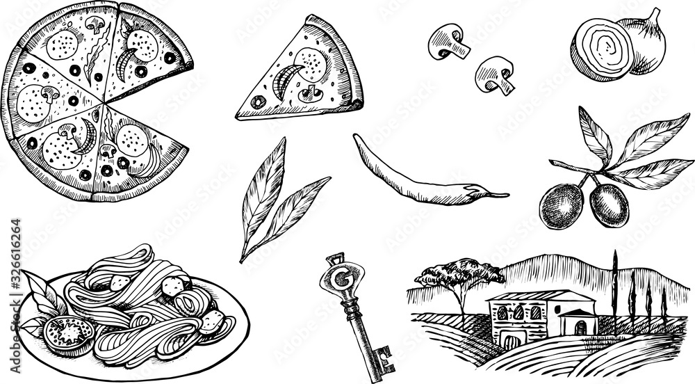 Fototapeta Hand drawn monochrome vector set of Italy dezign elementes.