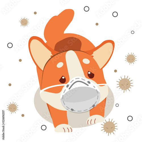 The character of cute corgi dog wear a mask with dust on the white background. The character of cute corgi dog look sad and sick because dust. The character of cute dog in flat vector style.