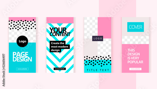 Set templates for design of social networks, Instagram story and print with windows for images. Happy modern style with pink and aquamarine elements. 
