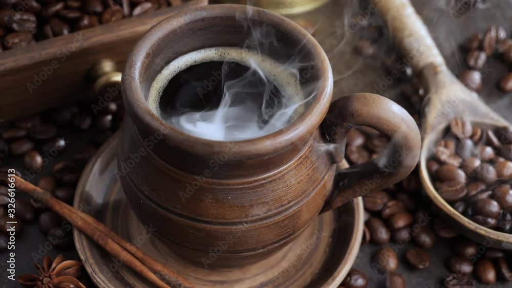 Hot espresso coffee with smoke Hot espresso coffee with smoke