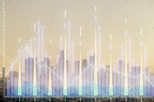 Forex chart on cityscape with skyscrapers wallpaper double exposure. Financial research concept. © peshkova