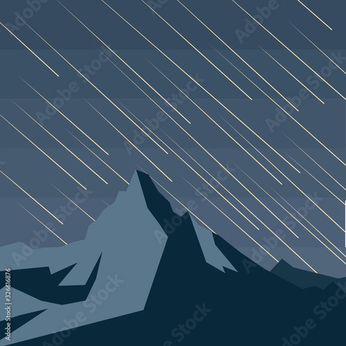 Vector of a hilltop with a background of night sky and meteor shower