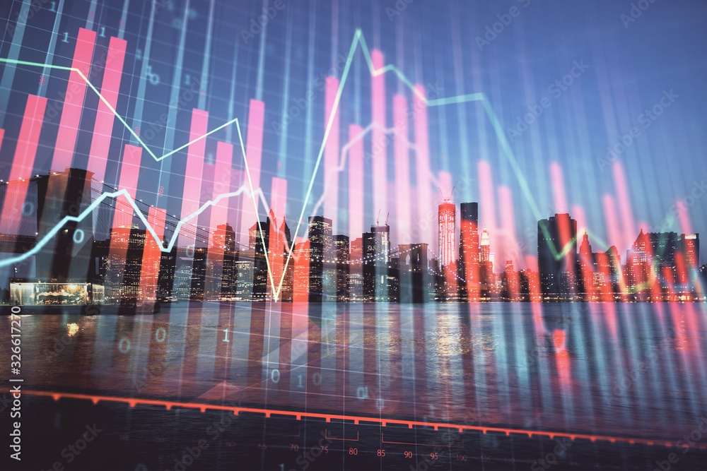 Financial graph on night city scape with tall buildings background double exposure. Analysis concept. Financial graph on night city scape with tall buildings background double exposure. Analysis concept.