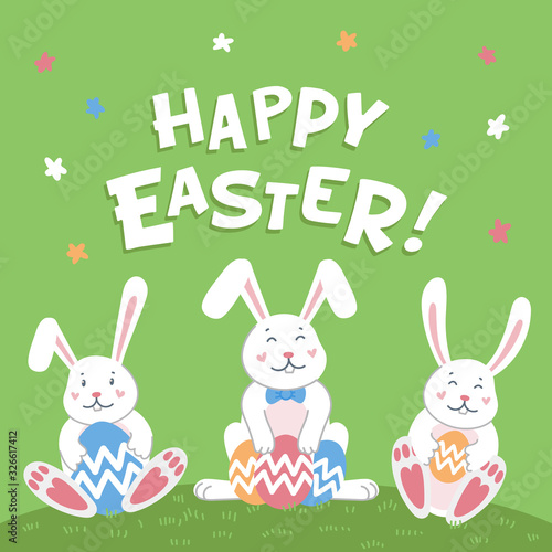 Happy easter card. Easter cartoon bunnies with eggs and happy easter inscript...