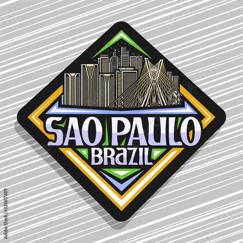 Vector logo for Sao Paulo, black rhombus tag with line illustration of famous sao paulo city scape on dusk sky background, art design fridge magnet with creative letters for words sao paulo, brazil.